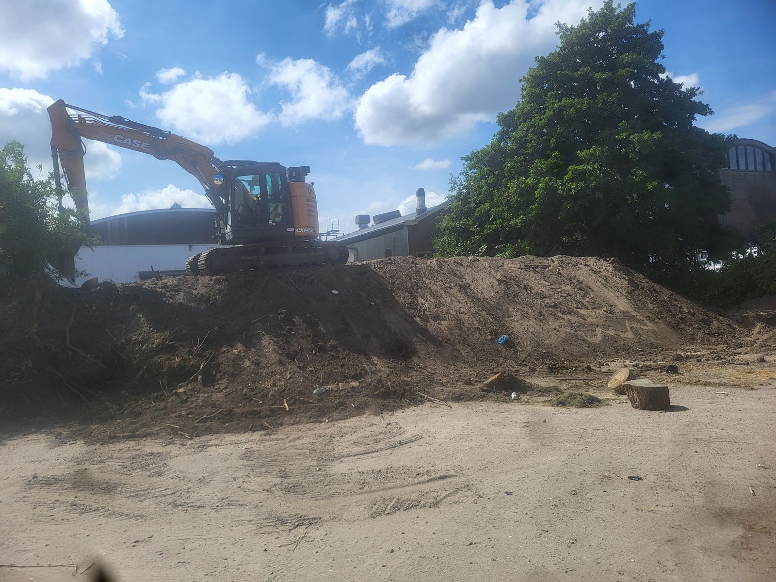 Rupskraan aan het werk op een zandbult op het terrein