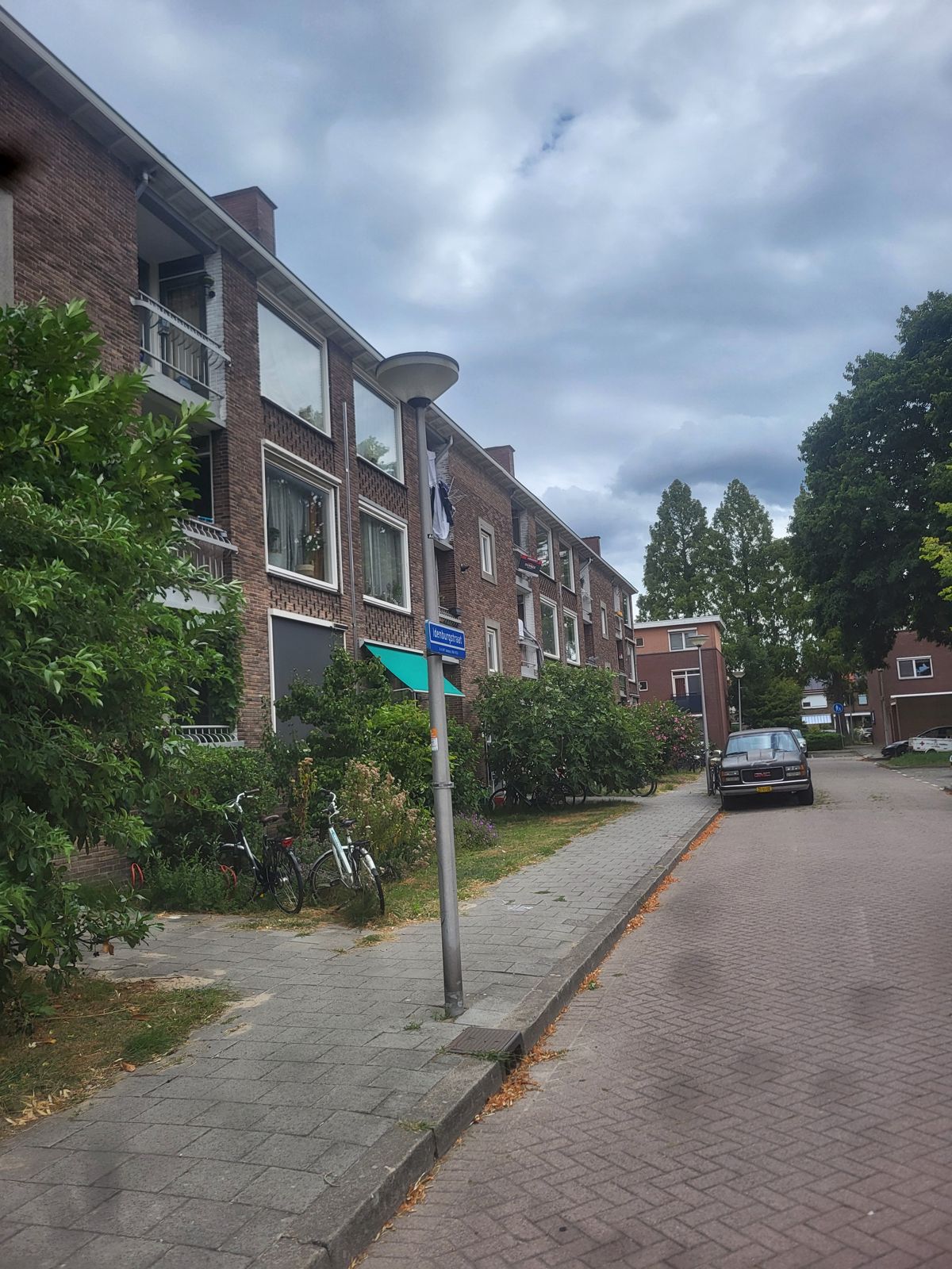 Overwoekerde groenstrook voor een appartementencomplex